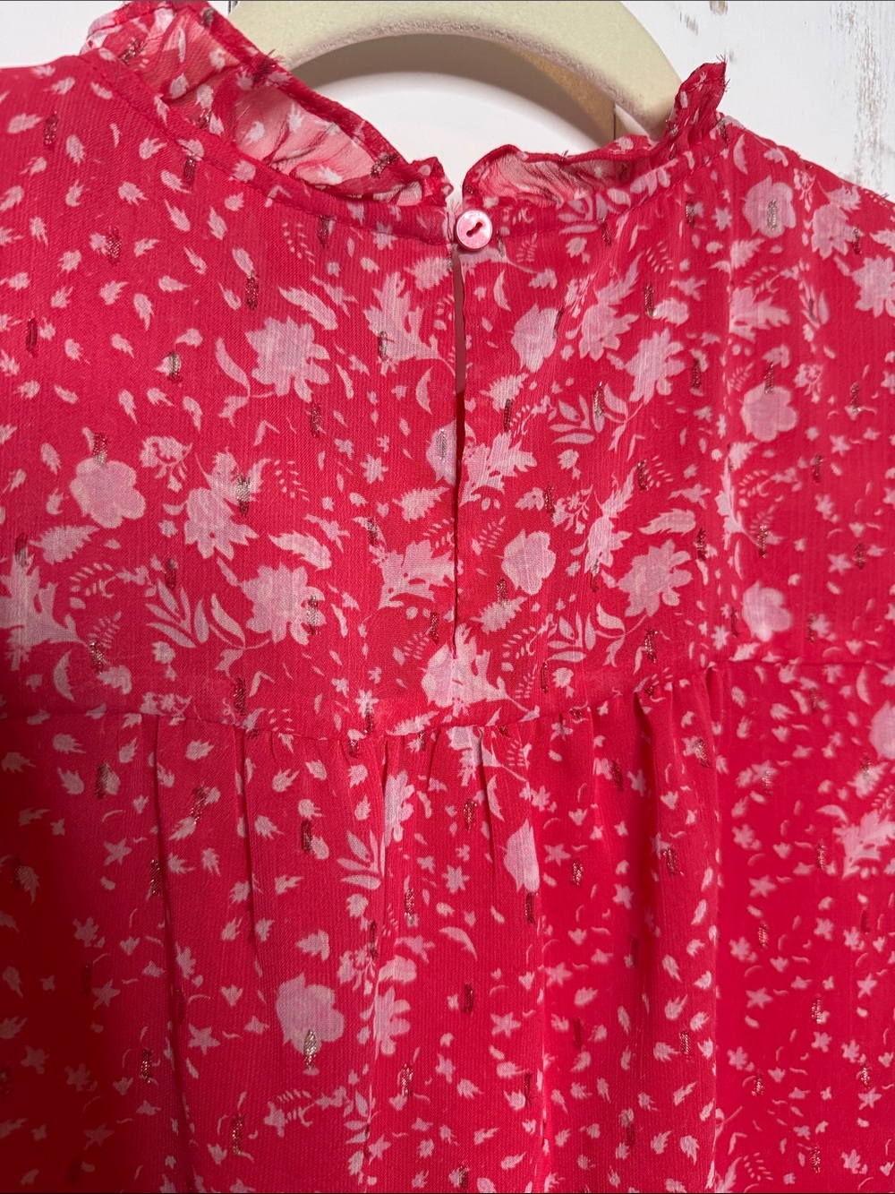 Joie Red-Pink Floral Ruffle Neck Blouse - Picture 8 of 11